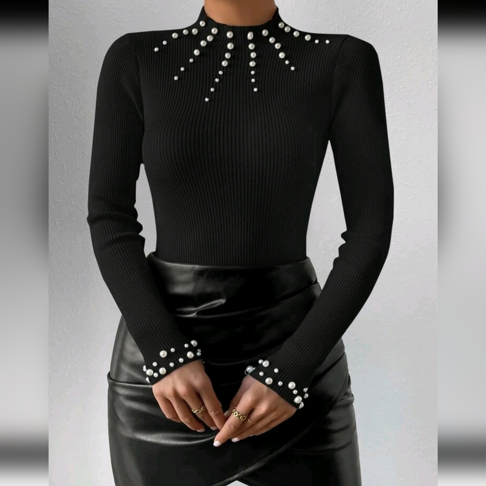 Pearls Beaded Mock Neck Bodycon Sweater - Picture 1 of 5